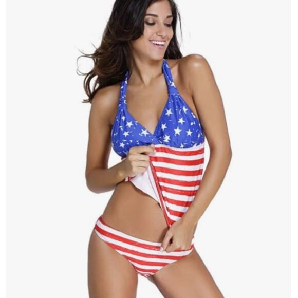 Two Piece Women’s  Patriotic Halter Tankini Striped Bikini Bottom Set SZ L Multi - Picture 1 of 9